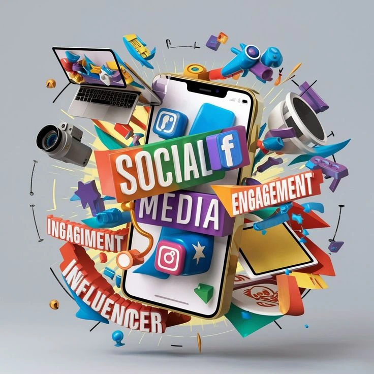 social media marketin ilustration showing smartphone,ssocial media icons engegment and influencer marketing by a digital marketer in koyilandy